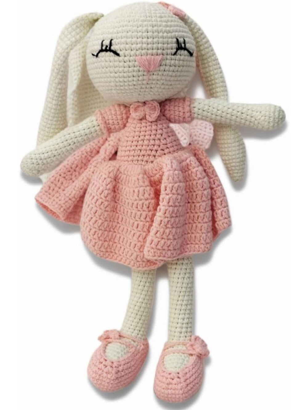 Adorable Crochet Pink Dress Bunny Rattle Toy for Baby & Toddler, 10.6" Plush